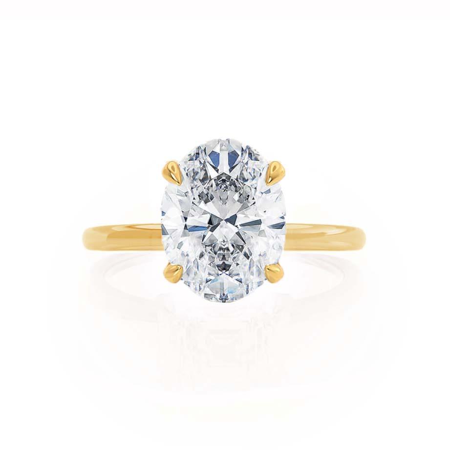White gold ring showcased in front-facing angle with yellow accent border.