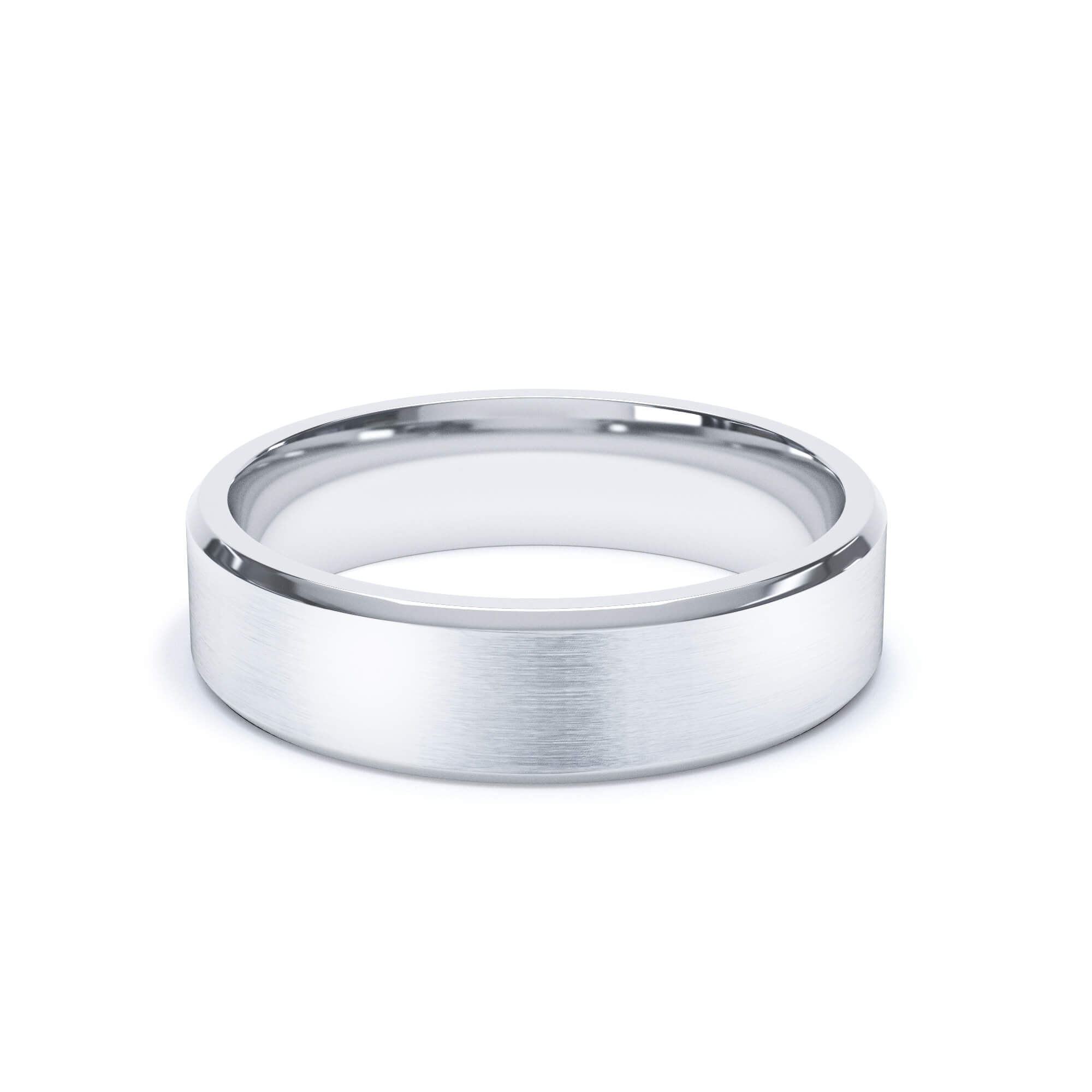 Mid-width 5mm wedding band with Mid-width 5mm wedding band with a subtle beveled contour and shiny finish.