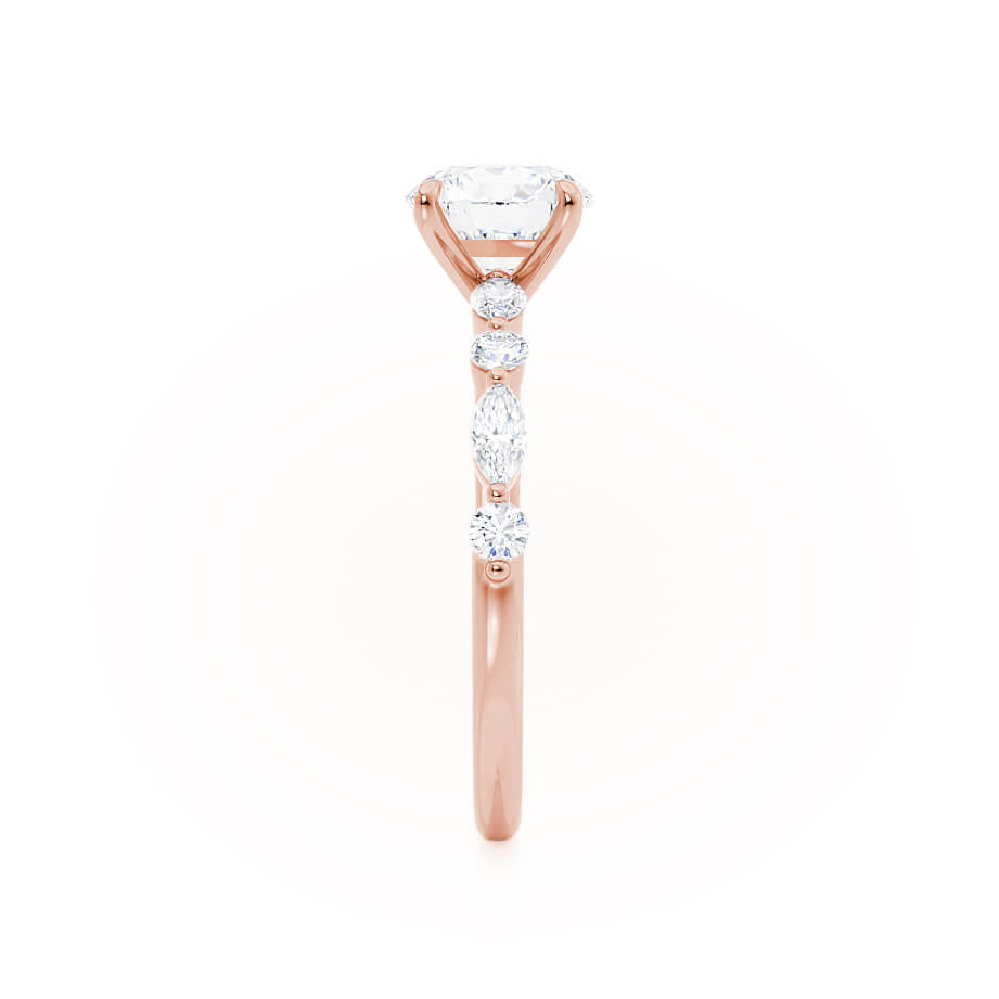 Side profile of ASTER oval cut lab diamond rose gold engagement ring with marquise and round side stones