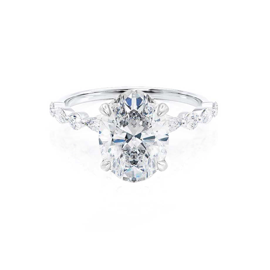 ASTER oval cut lab diamond 18k white gold scatter engagement ring, front view with marquise and round diamond band