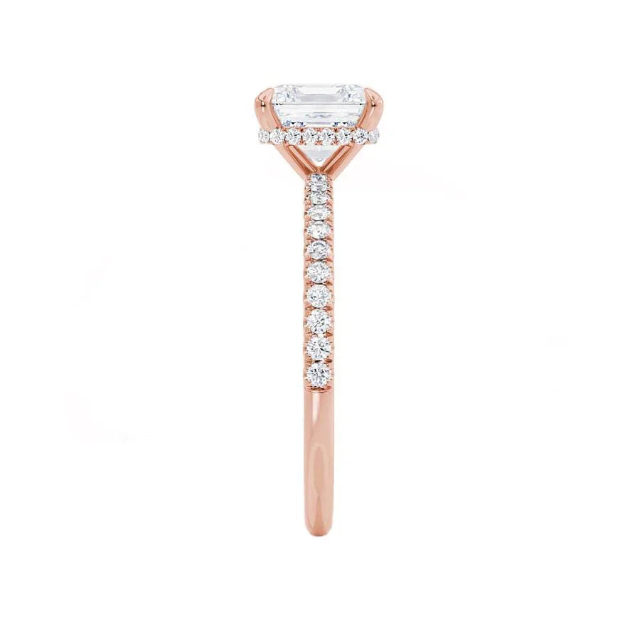Side profile of JASMINE rose gold engagement ring with princess cut lab diamond and hidden halo