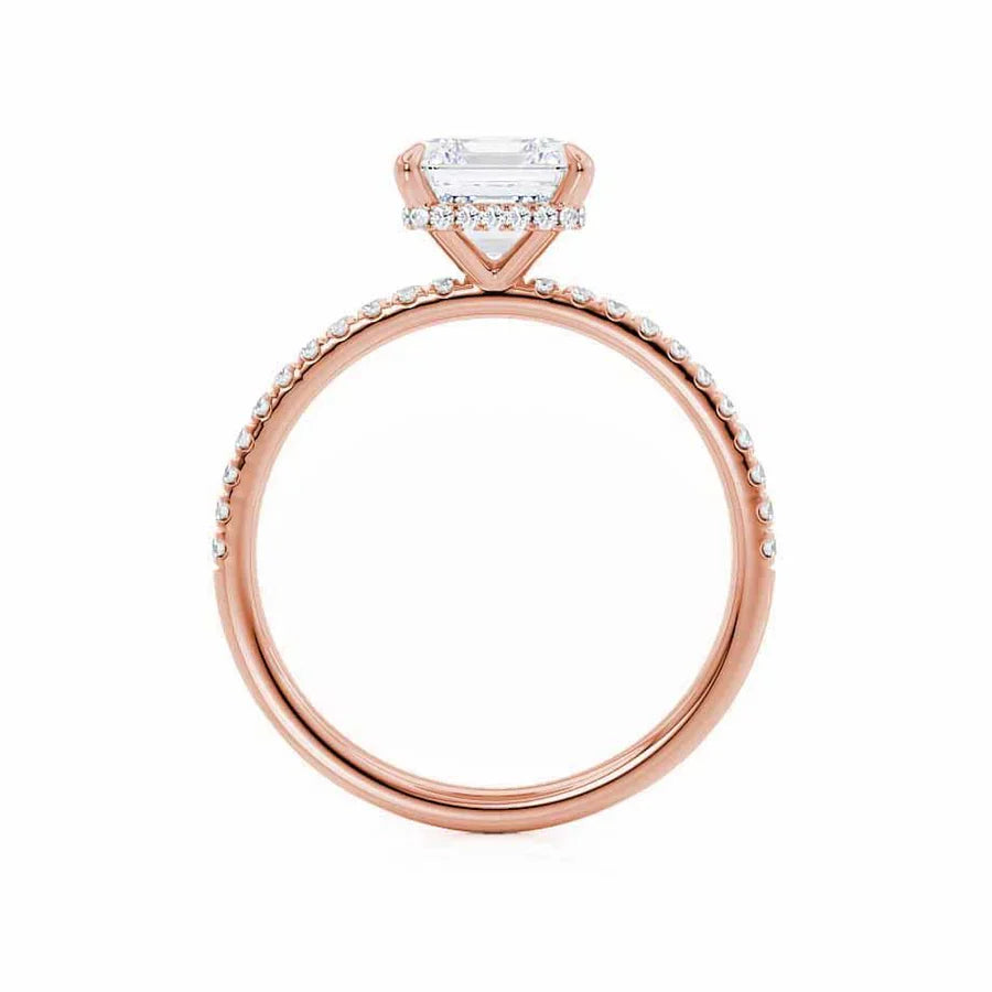 Rose gold JASMINE engagement ring, princess cut lab diamond with hidden halo, side band view