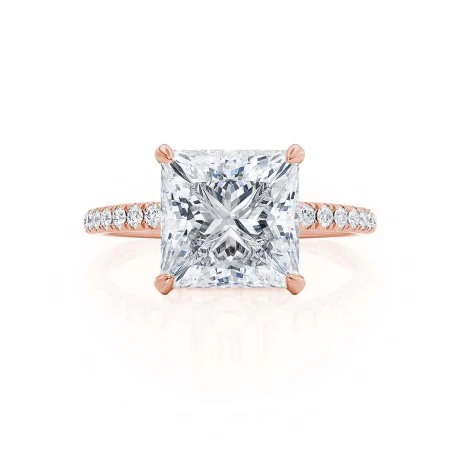 Top view of JASMINE 18k rose gold engagement ring with princess cut lab diamond and hidden halo