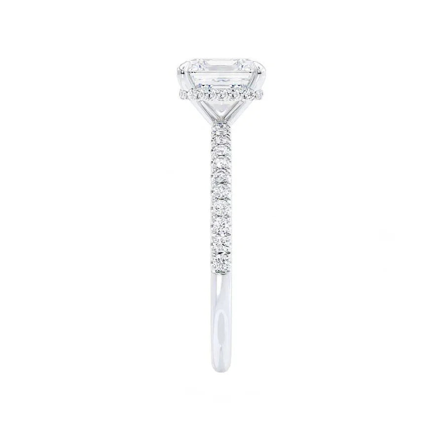 Profile view of JASMINE engagement ring in 18k white gold with princess cut lab diamond and hidden halo