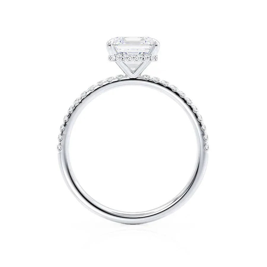 18k white gold JASMINE engagement ring, princess cut lab diamond with hidden halo, side band view