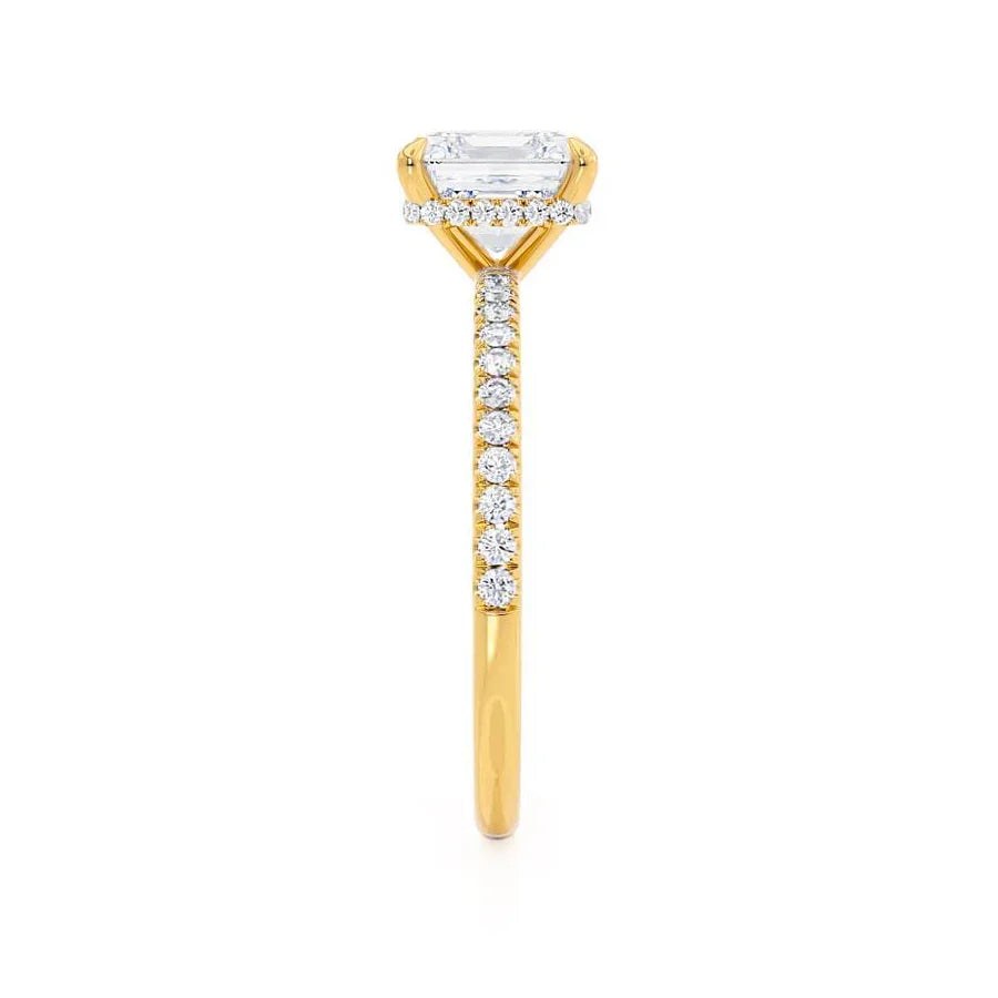 Profile view of JASMINE engagement ring in 18k yellow gold with princess cut lab diamond and hidden halo