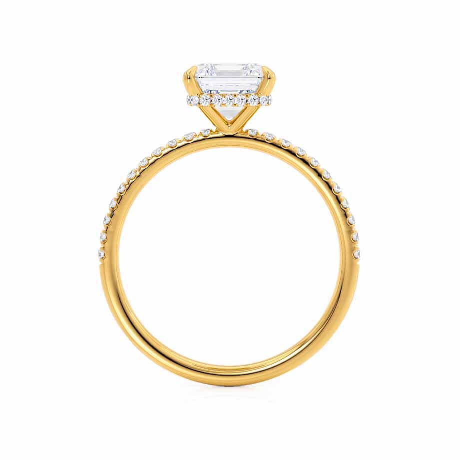 18k yellow gold JASMINE engagement ring, princess cut lab diamond with hidden halo, side band view