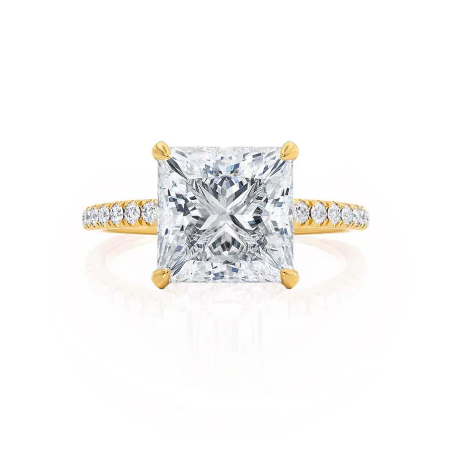 Top view of JASMINE 18k yellow gold engagement ring with princess cut lab diamond and hidden halo