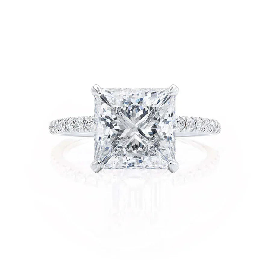Top view of JASMINE platinum 950 engagement ring with princess cut lab diamond and hidden halo design