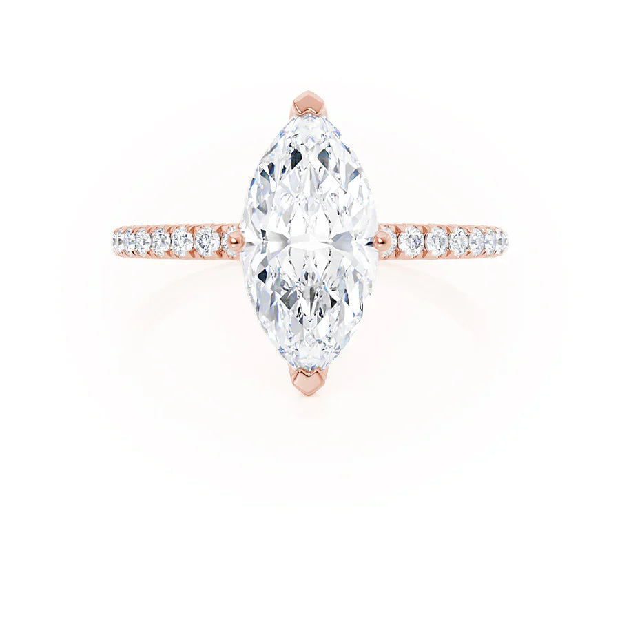 Profile view of marquise lab diamond solitaire engagement ring in 18k rose gold