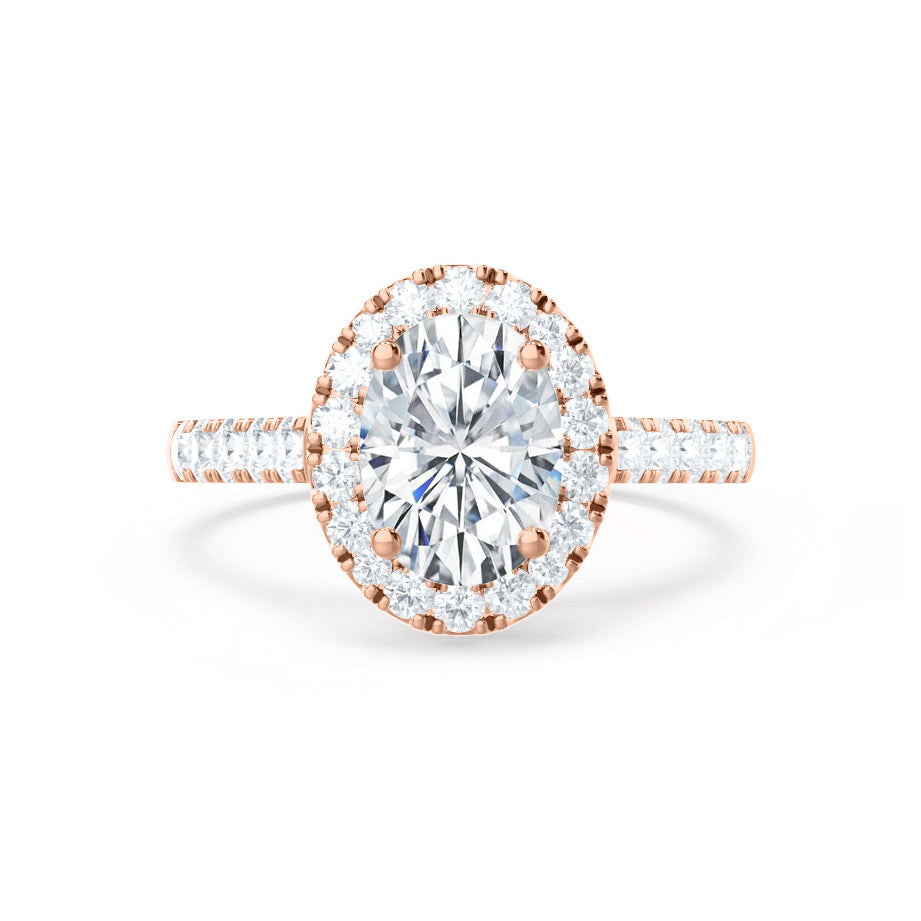Angle view of PEONY oval cut lab diamond 18k rose gold halo engagement ring, delicate pavé shoulders and hidden details