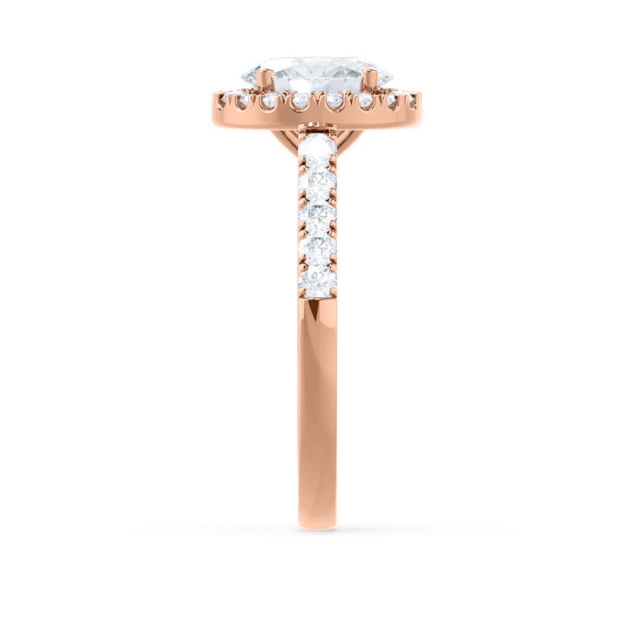 Top view of PEONY oval cut lab diamond 18k rose gold halo engagement ring with dazzling pavé halo