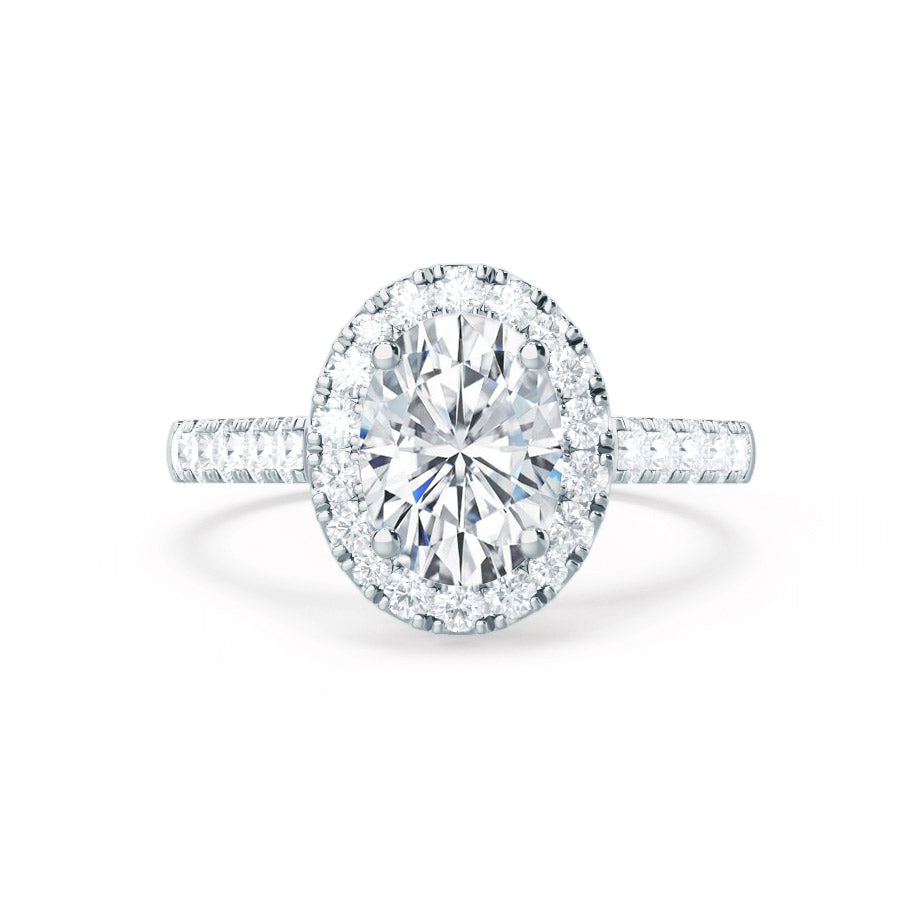 Angle view of PEONY oval cut lab diamond 18k white gold halo engagement ring, elegant pavé shoulders and hidden details