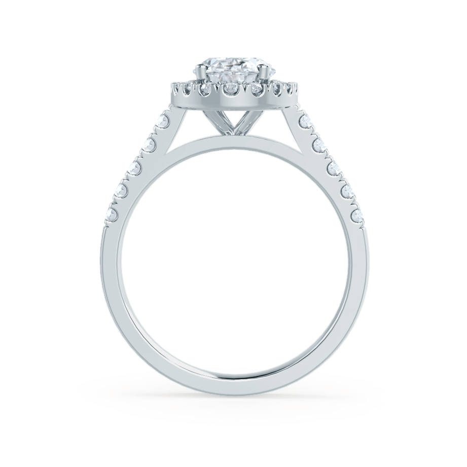 Side profile of PEONY oval cut lab diamond 18k white gold halo engagement ring with 4-prong setting and pavé diamonds