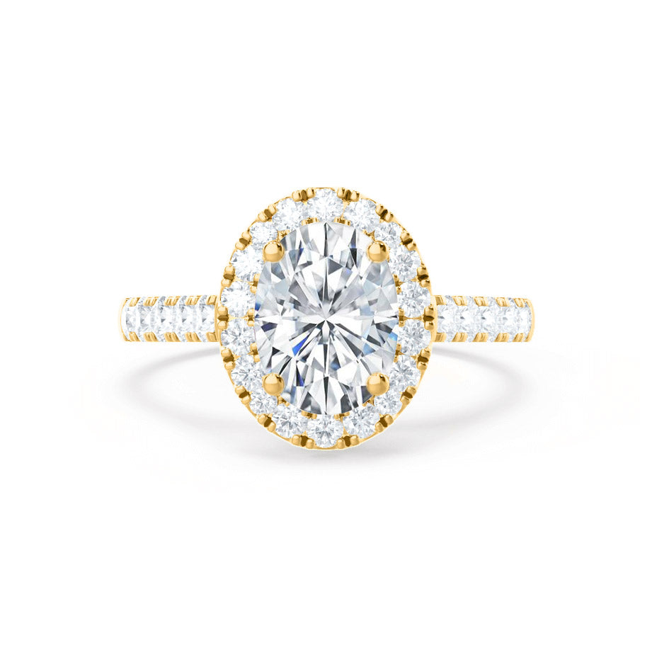 Angle view of PEONY oval cut lab diamond 18k yellow gold halo engagement ring, elegant pavé shoulders and hidden details