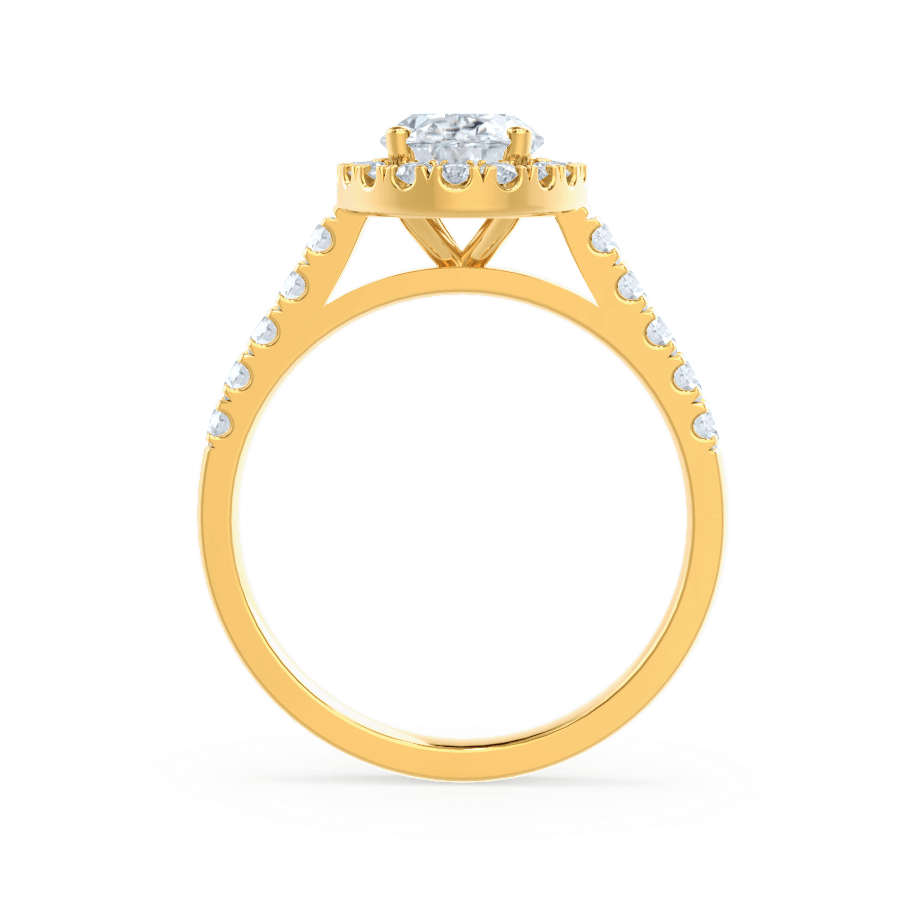 Side profile of PEONY oval cut lab diamond 18k yellow gold halo engagement ring with 4-prong setting and pavé diamonds