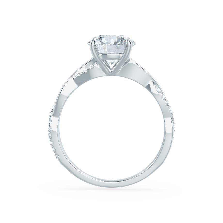 Top band view of WISTERIA platinum vine solitaire ring featuring round lab diamond and pavé setting