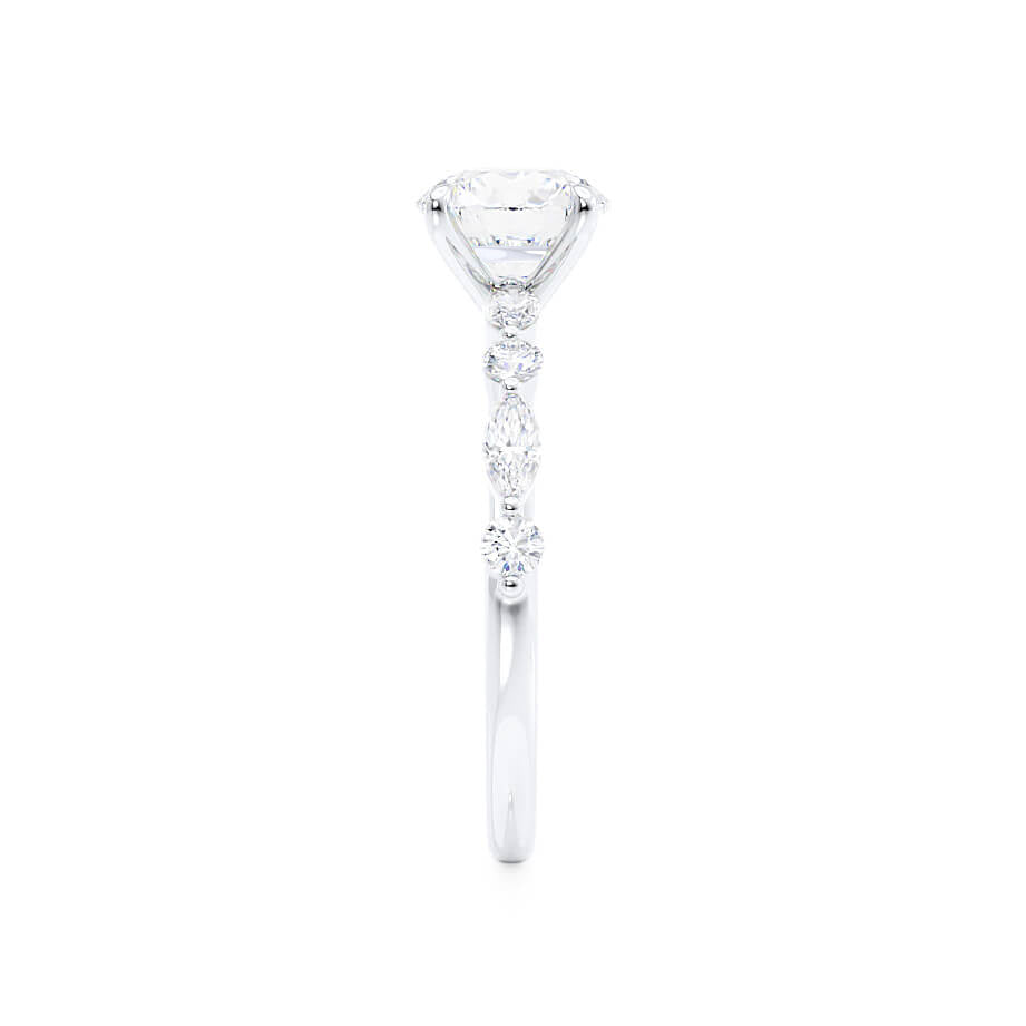 Side view of the Aster oval lab diamond engagement ring in 18k white gold with marquise and round diamond accents