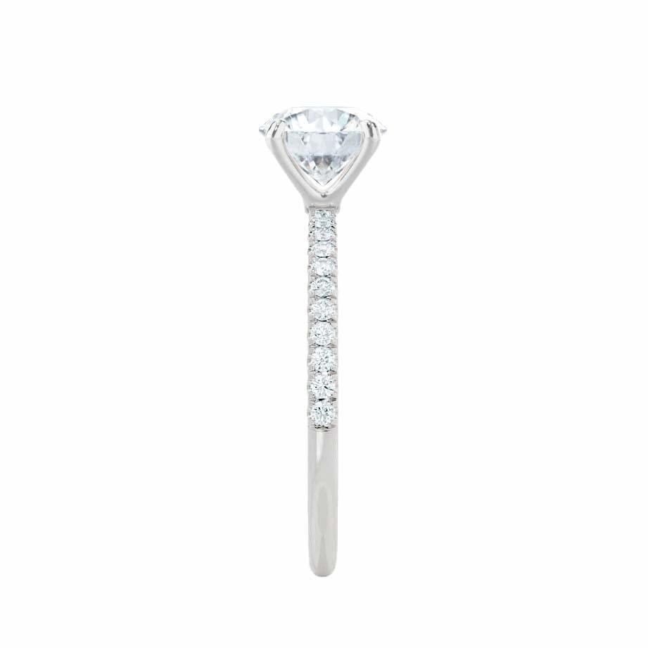 Side profile of emerald cut lab diamond ring in white gold pavé band