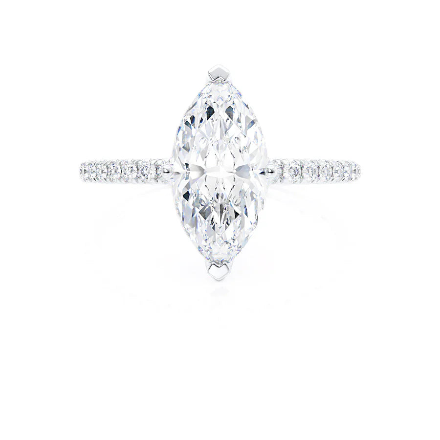 Profile view of marquise lab diamond solitaire engagement ring in 18k white gold