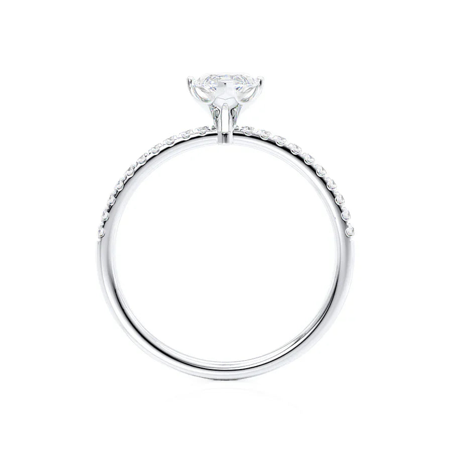 Side view of marquise cut lab diamond solitaire engagement ring in 18k white gold