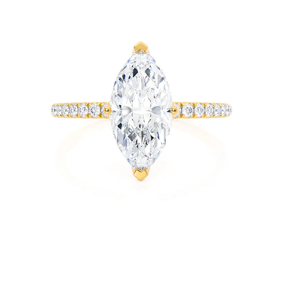 Profile view of marquise lab diamond solitaire engagement ring in 18k yellow gold