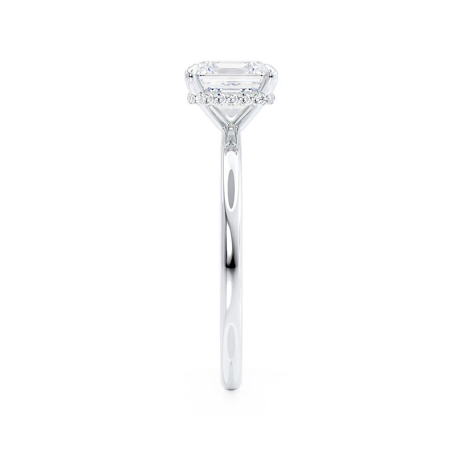 Side profile showing the hidden halo of the Camellia asscher cut ring in platinum