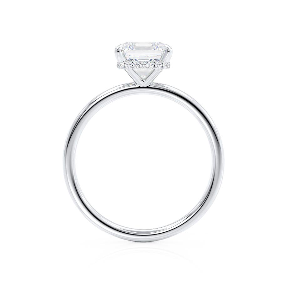 Top view of Camellia platinum engagement ring with asscher cut lab diamond