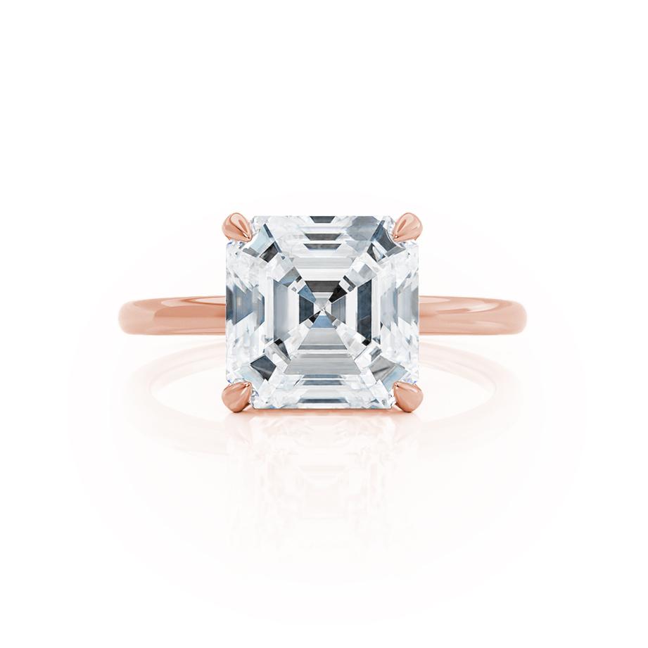 Angled perspective of Camellia solitaire ring with hidden halo and asscher lab diamond