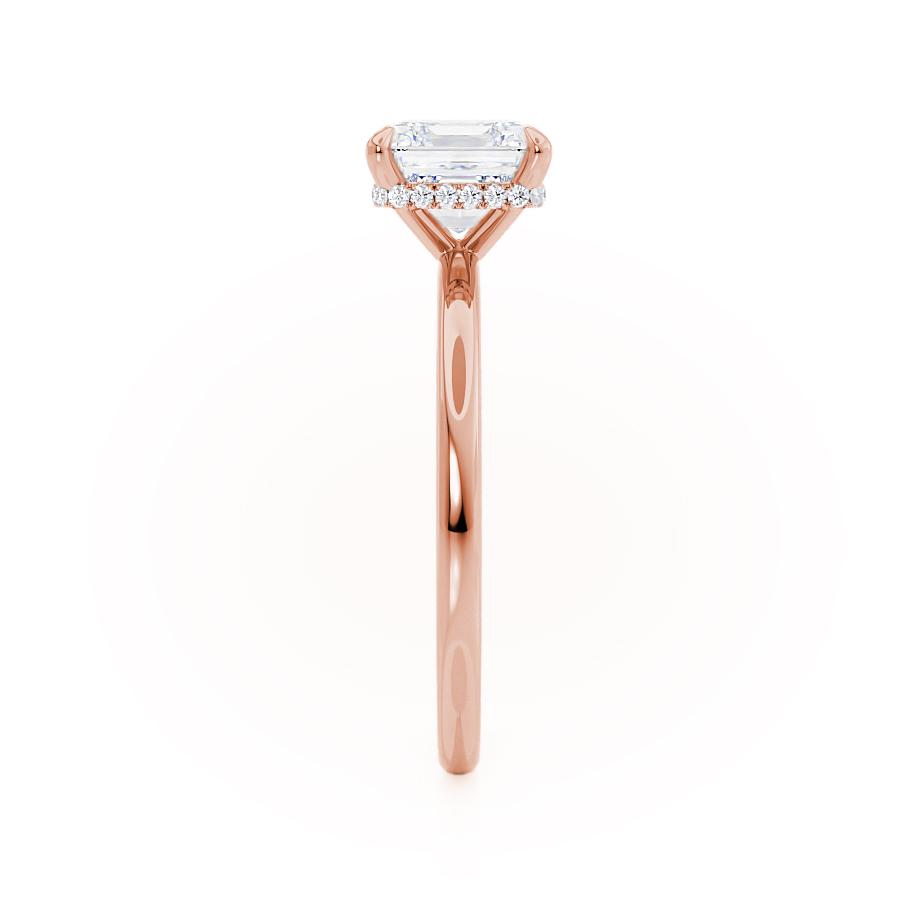 Side profile showing hidden halo beneath asscher lab diamond in rose gold setting