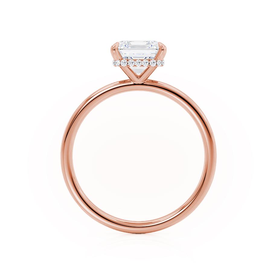 Bottom view of the Camellia engagement ring revealing the hidden halo in 18k rose gold