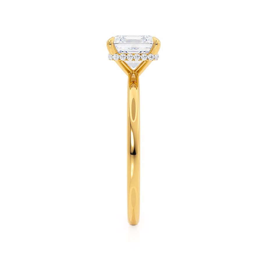 Side profile of yellow gold Camellia solitaire ring with hidden halo