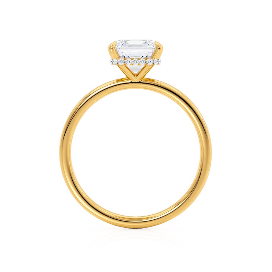 Top view of the Camellia engagement ring in yellow gold with asscher lab diamond