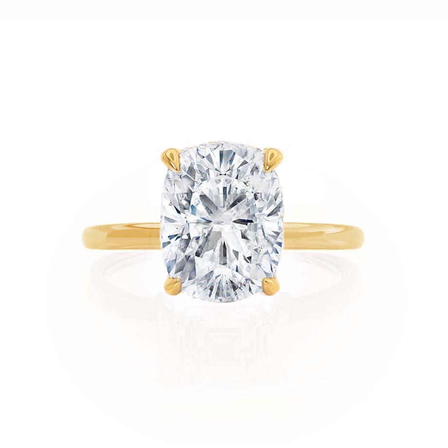 Angled view emphasizing the cushion-cut facets and symmetry of the ring.