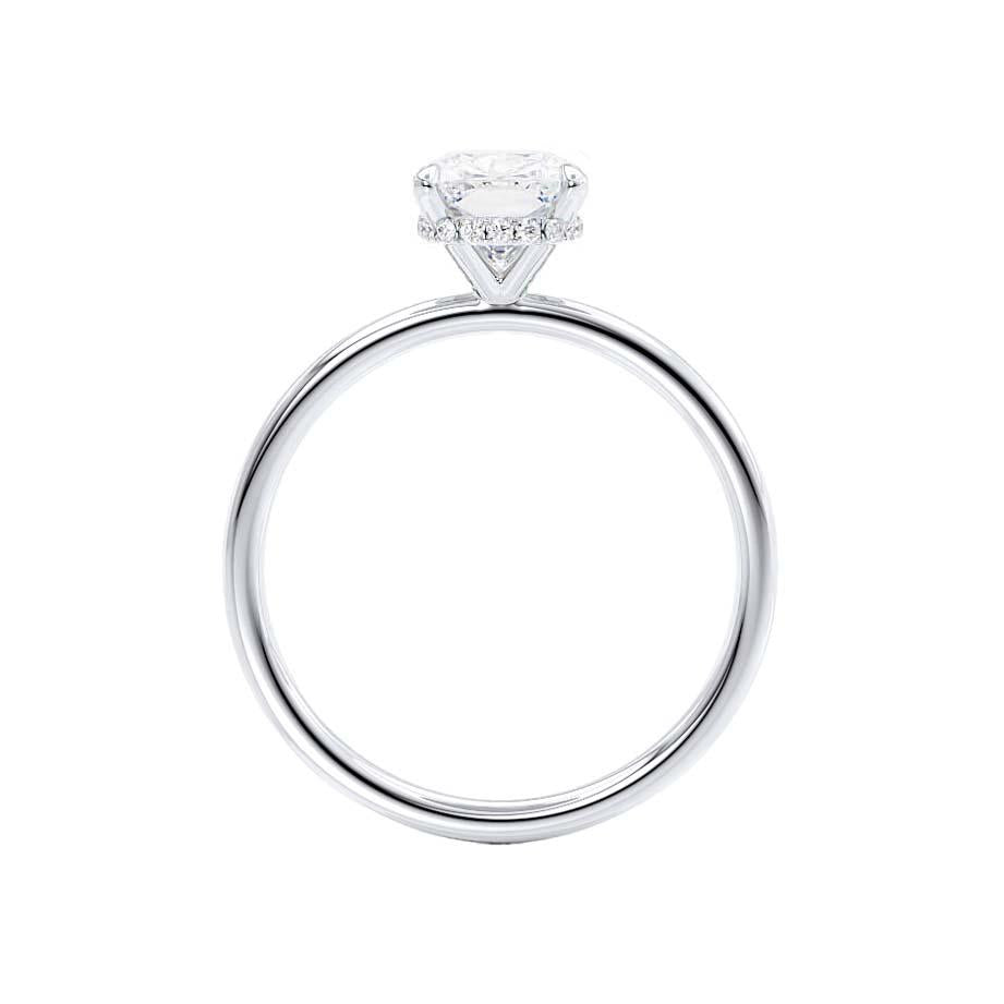 Side profile showing the hidden halo beneath the oval diamond and refined 4-claw setting.