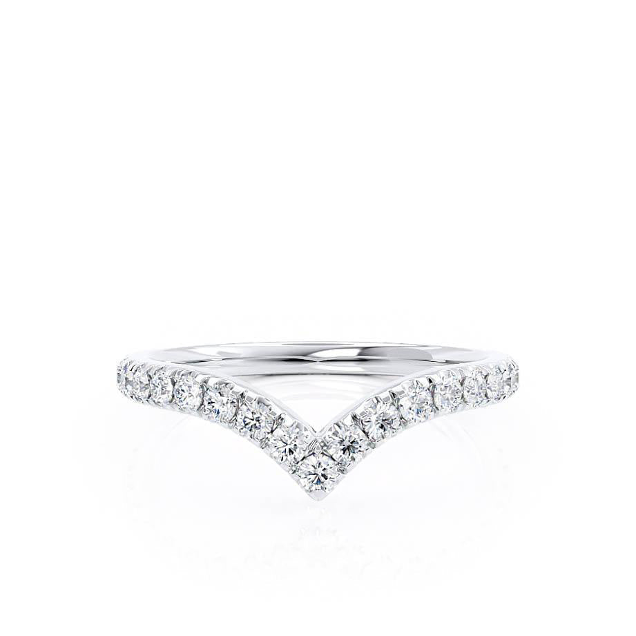 Top-down angle of a chevron-style ring with a V-shaped pavé design.