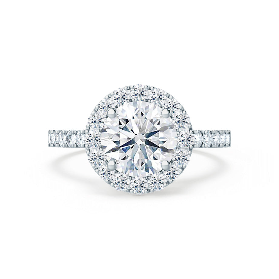 Top view of Daisy engagement ring with brilliant round center and halo setting