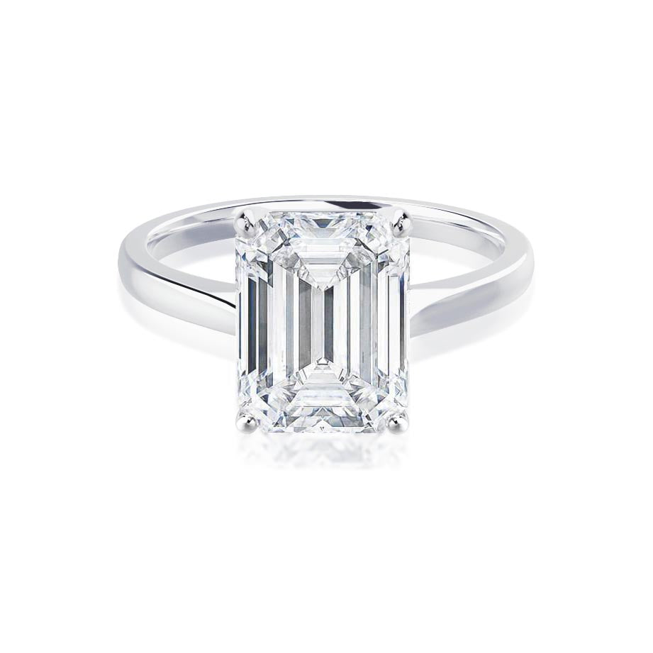 Front view of the Florence emerald-cut natural diamond platinum solitaire ring, showcasing the brilliance and clean lines of the diamond.