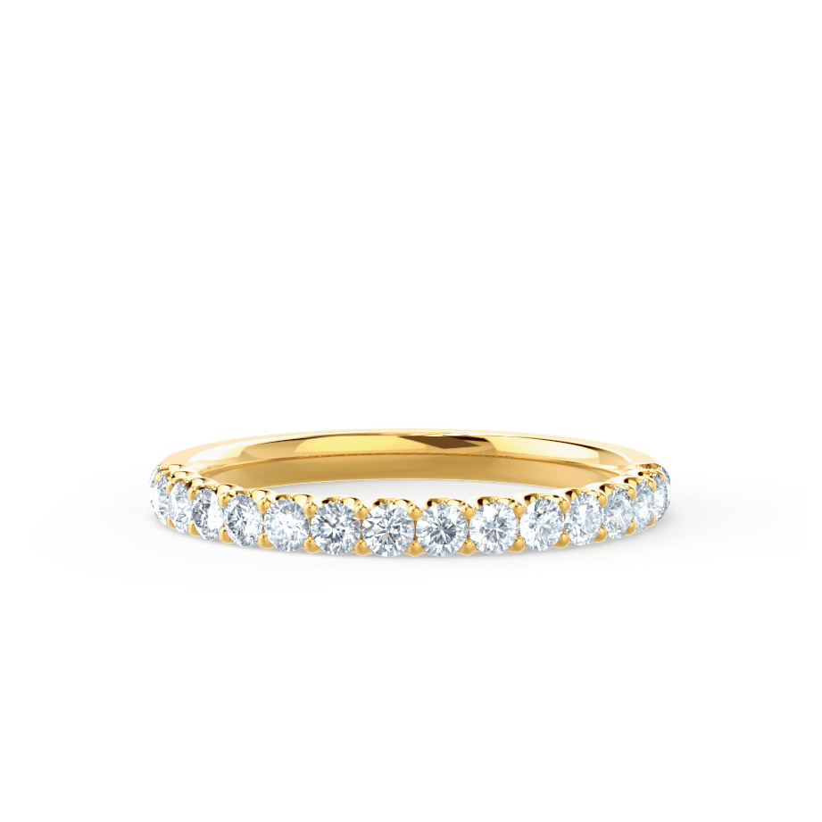 Low front-facing image of a full eternity gold ring with continuous round diamonds in shared prong setting.