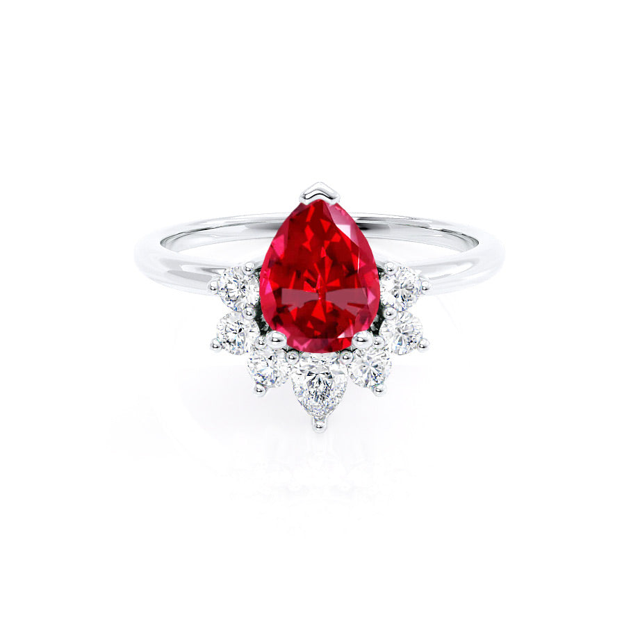 Front view – A luminous lab-grown ruby sits in a tiara-style diamond setting, elevated by pristine 18k white gold for a classic and elegant look.