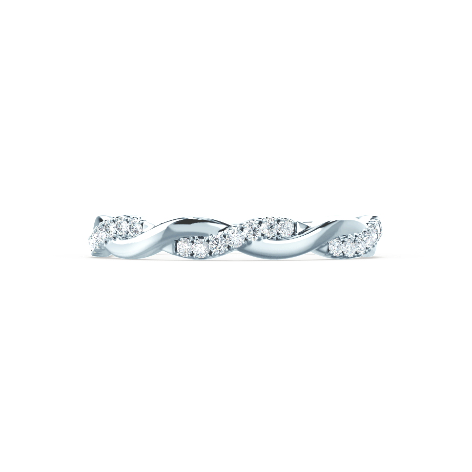 Top view of a twisted band with leaf motifs and pavé detailing along the curves.