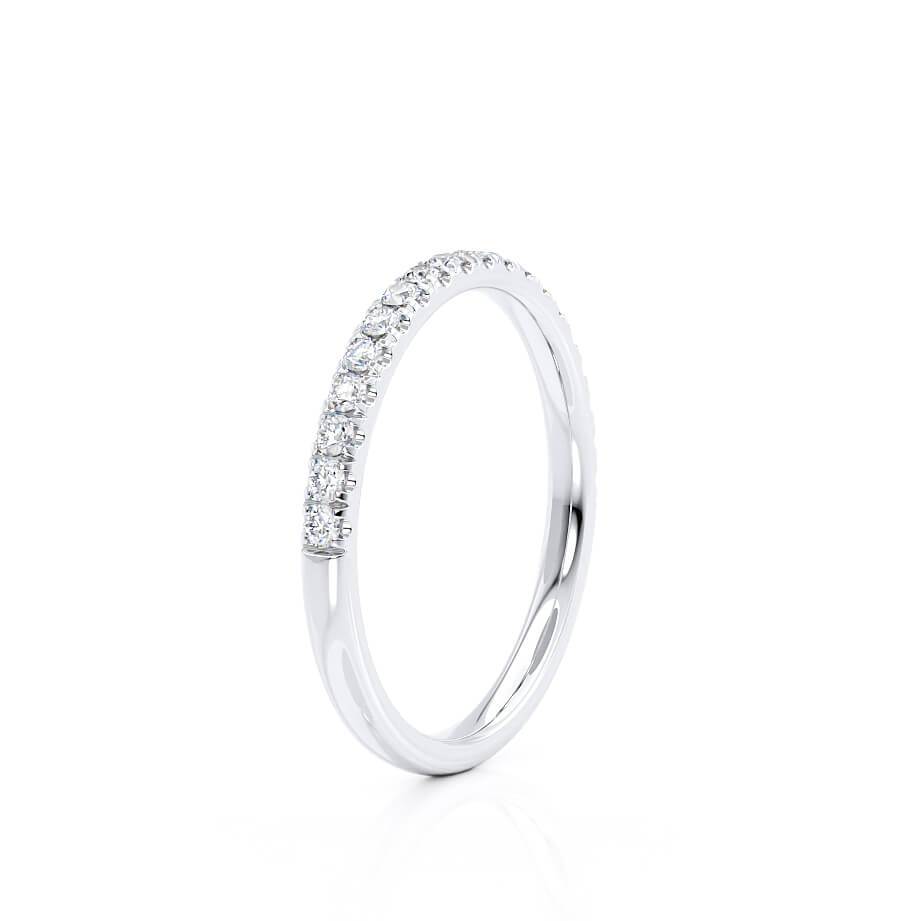 Angled perspective of the LUNA band on white background, emphasizing the curvature and diamond brilliance.