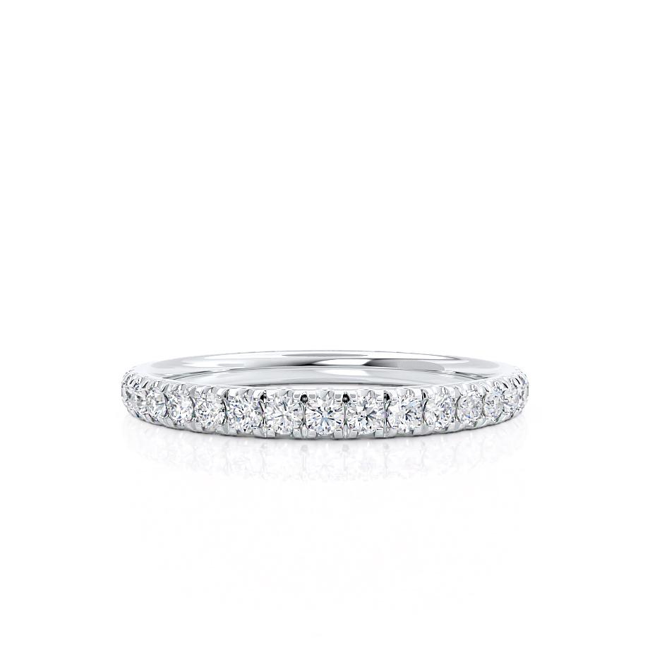 Elegant front view of the LUNA eternity band in 18k white gold, featuring micro pavé-set diamonds for timeless sparkle.