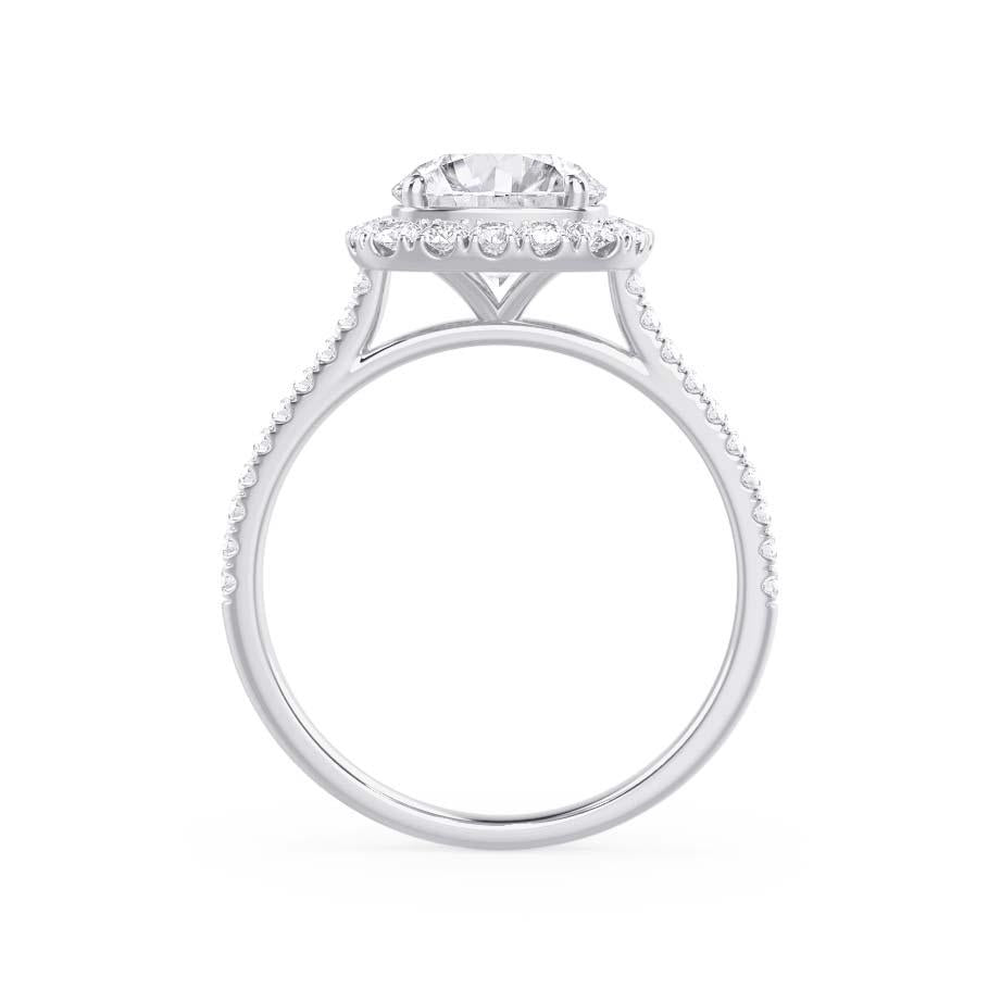 Side view of elongated cushion cut lab diamond halo engagement ring in platinum