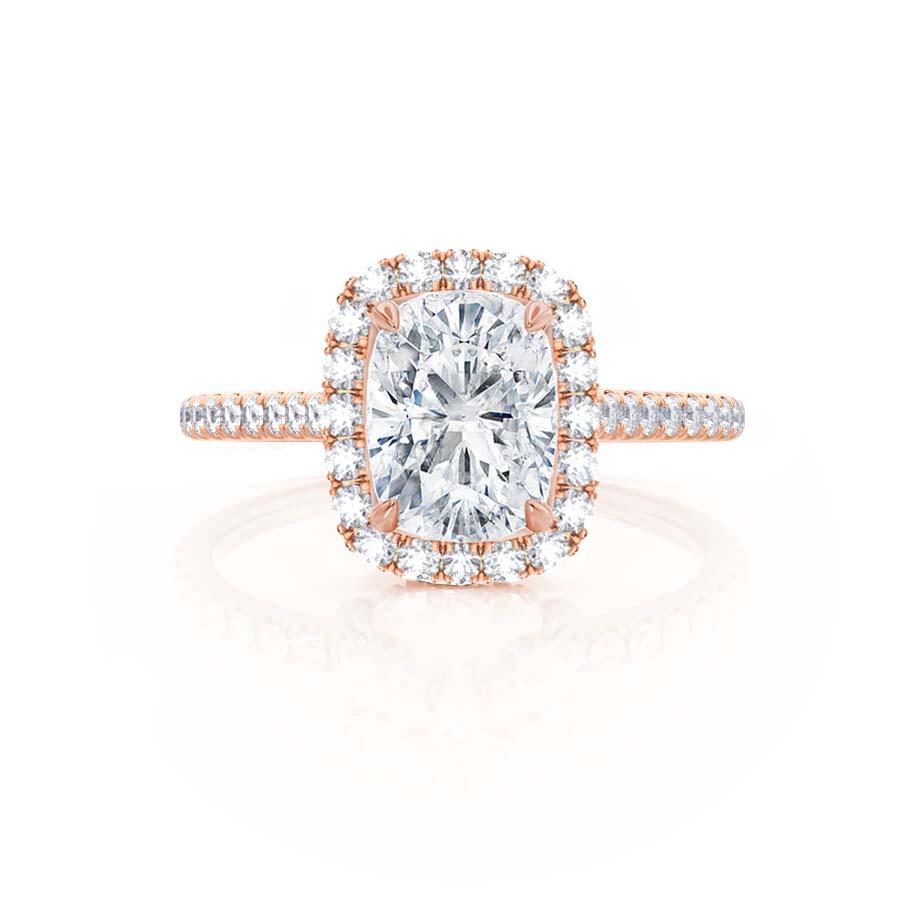 Profile view of elongated cushion cut lab diamond halo engagement ring in 18k rose gold