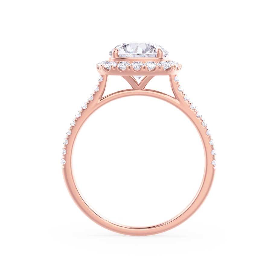 Top view of elongated cushion cut lab diamond halo engagement ring in 18k rose gold