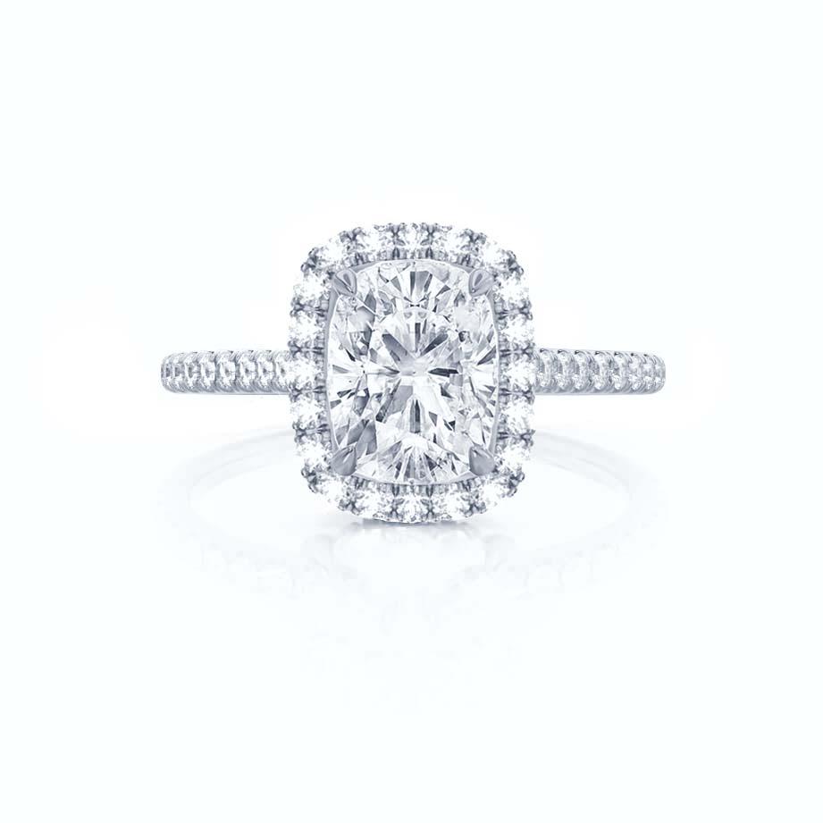 Profile view of elongated cushion cut lab diamond halo engagement ring in 18k white gold
