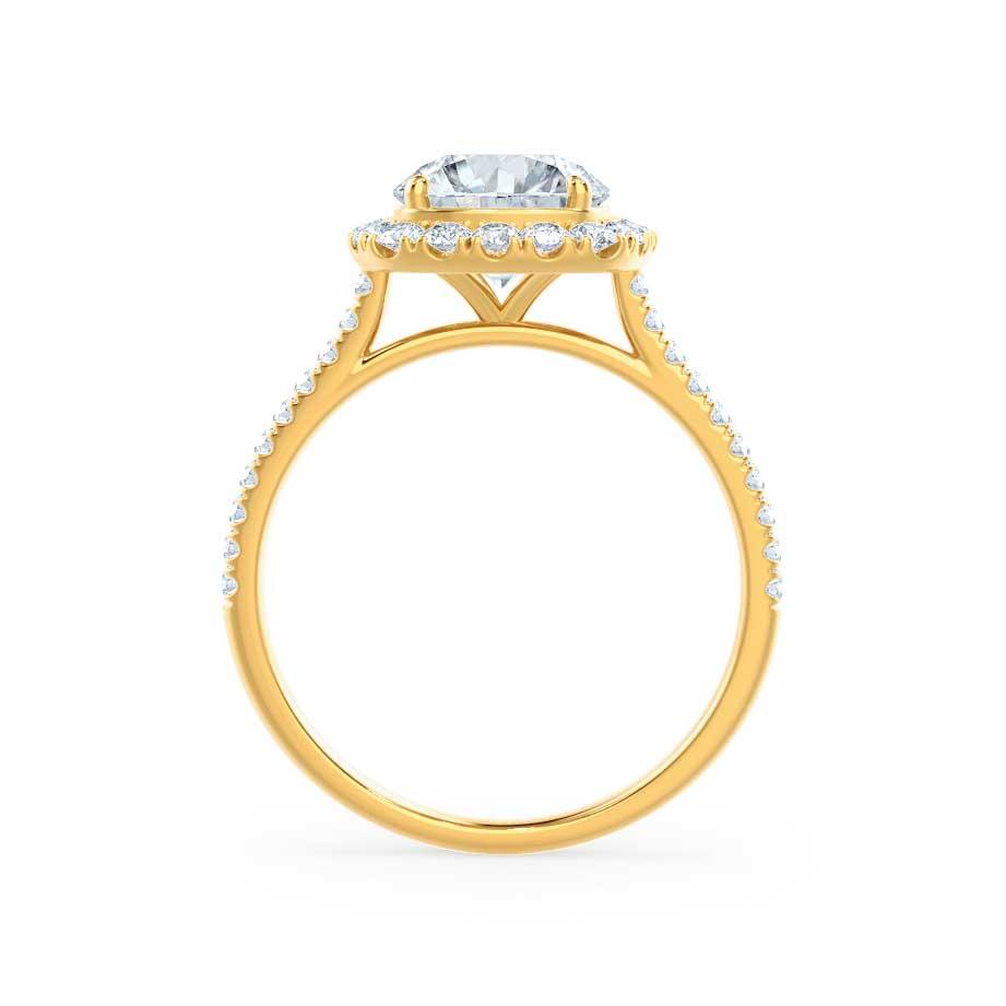 Side view of elongated cushion cut lab diamond halo engagement ring in 18k yellow gold