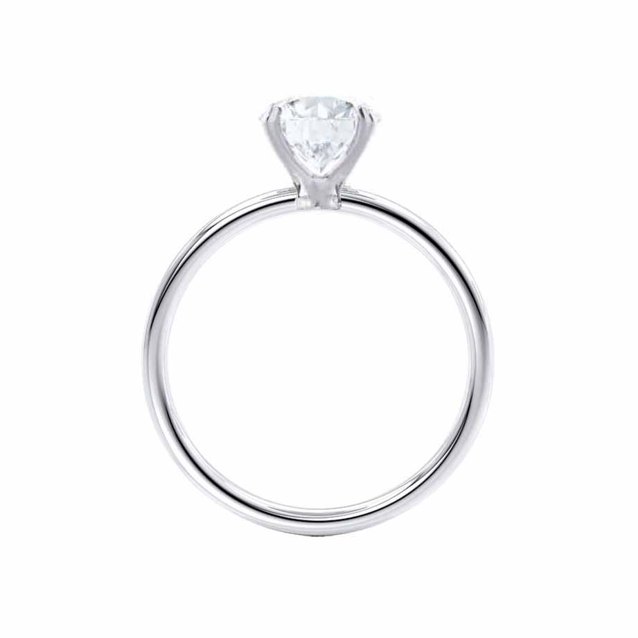 Top view of oval lab grown diamond in classic 4-prong platinum solitaire setting