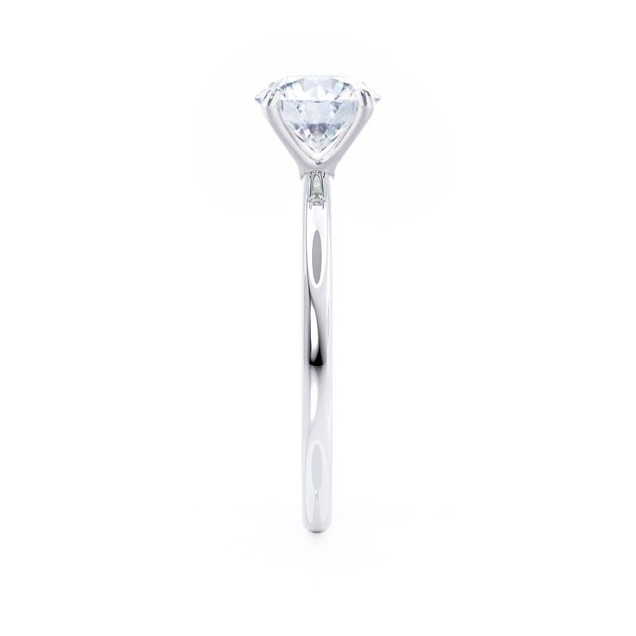 Side profile showing slim white gold band and oval lab diamond setting